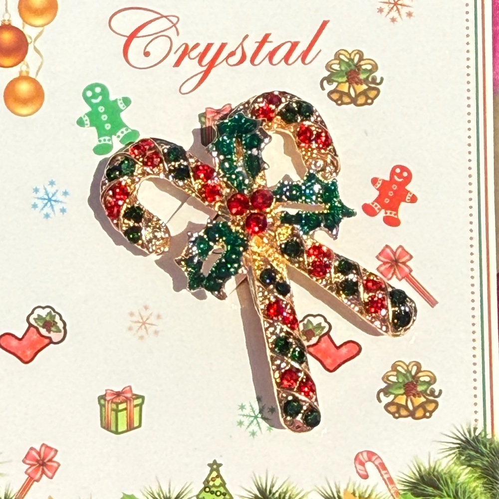 NWT! Festive Crystal Candy Cane Holly Christmas Holiday Brooch Pin